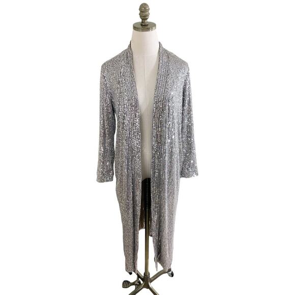 Anthro Mare Mare Metallic Silver Sequin Duster Women's Small Open Front Pockets - Picture 1 of 7